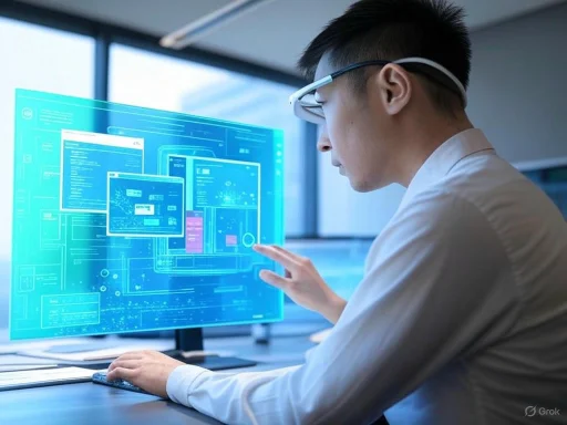 A man wearing futuristic augmented reality glasses interacts with a virtual blue digital interface on his computer screen.