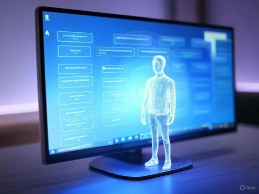 A holographic human model stands in front of a digital screen displaying a futuristic user interface.