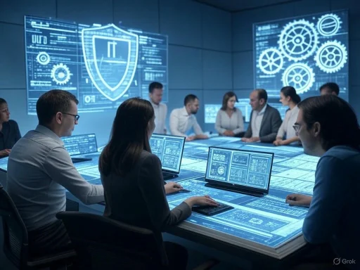 A high-tech cybersecurity team collaborates in a futuristic control room with digital interfaces and security graphics.