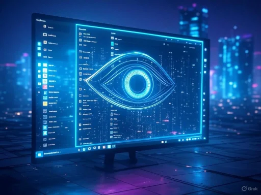 A digital eye illustration on a futuristic computer screen with a city skyline background.