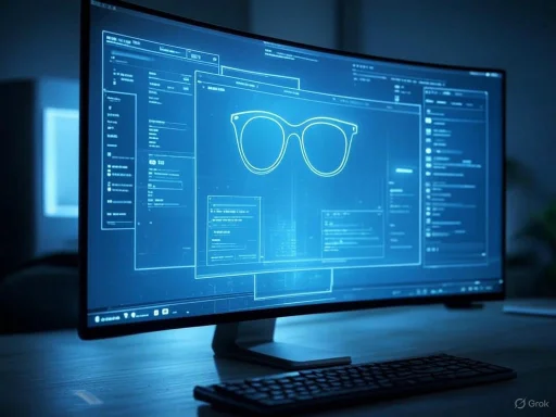 A computer monitor displaying 3D design schematics of eyeglasses in a digital workspace.