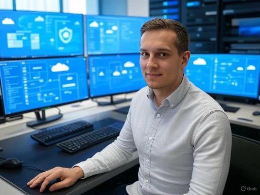 A man in a white shirt sits at a desk with multiple blue computer screens displaying cloud security data.