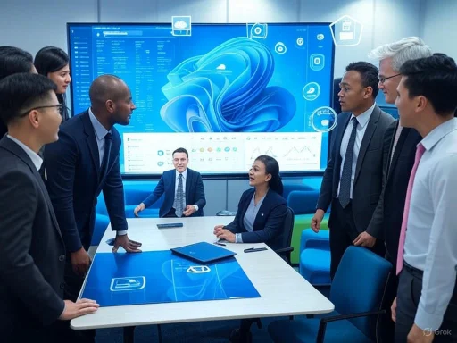 A diverse group of professionals discuss data and strategies in a high-tech conference room.