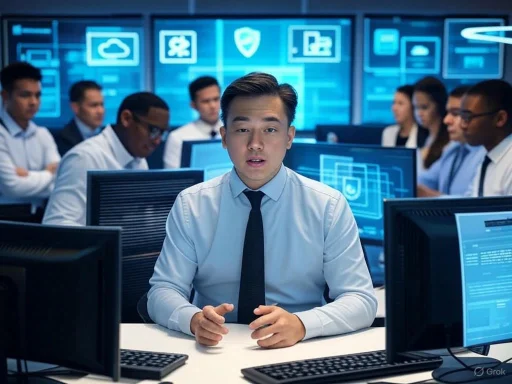 A diverse group of professionals in a high-tech cybersecurity training room with multiple monitors displaying digital icons.