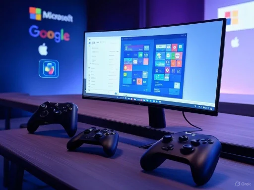 A gaming setup featuring a monitor with Windows interface and three Xbox controllers on a wooden desk.