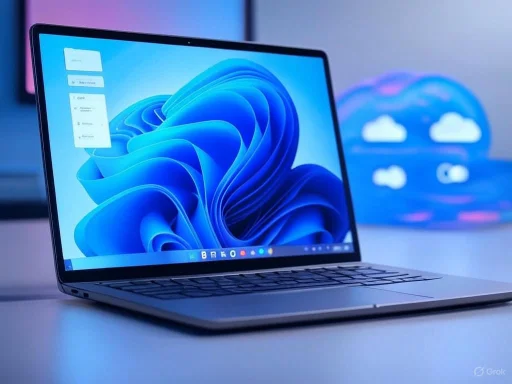 A sleek laptop displaying the Windows 11 desktop, with cloud icons in the blurred background. A sleek laptop displaying the Windows 11 desktop, with cloud icons in the blurred background.