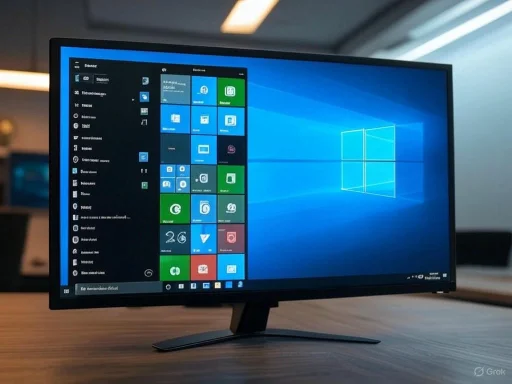 A computer monitor displaying the Windows 10 desktop with start menu and tiled apps.