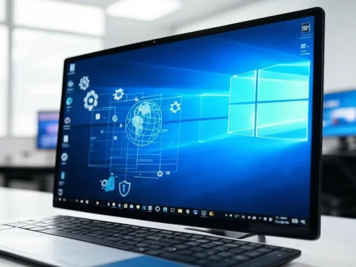 A laptop displaying a futuristic digital interface with Earth and global connectivity graphics on a Windows desktop.