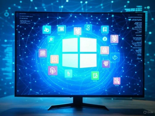 A digital interface on a screen displays various app icons arranged in a circular pattern around a central Windows logo.