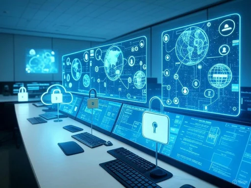 A futuristic cybersecurity control room with multiple monitors displaying global networks, security icons, and encrypted data.