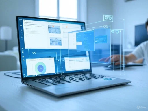 A person interacts with a futuristic holographic digital interface emerging from a laptop in a modern, bright workspace.