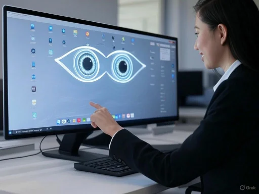 A woman interacts with a digital eye infographic on a computer screen in a modern office setting.