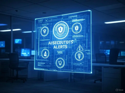 Holographic display showing AI security alerts with various warning icons in a high-tech office environment.