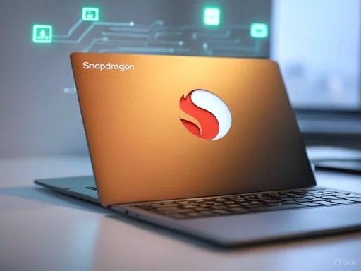 A laptop with Snapdragon branding and a fiery logo, placed on a desk with a blurred tech background.