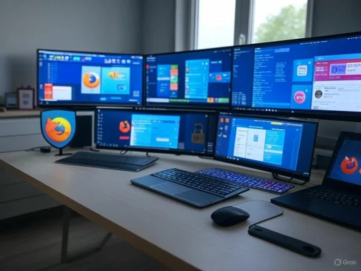 A multi-monitor computer setup with various applications open, placed on a light-colored desk near a window.