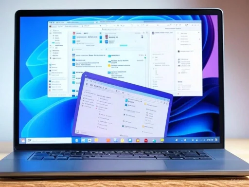 A laptop displaying multiple overlapping windows with a blue-themed desktop background.