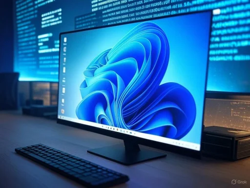 A sleek computer monitor displays a vibrant blue abstract design, set against a backdrop of coding on a dark desk.