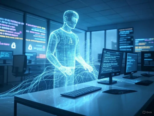 A digital hologram of a person working at a computer in a high-tech security or data center environment.