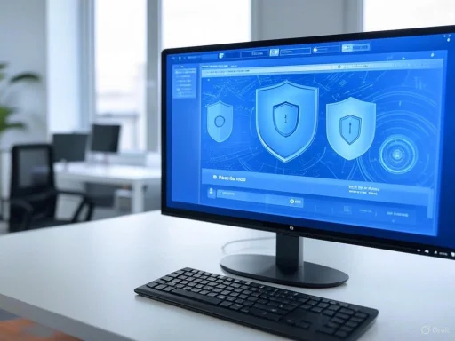 A computer monitor displays a cybersecurity interface with shield icons representing protection in an office setting.