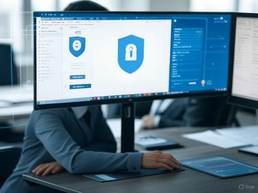 A person working on cybersecurity software with multi-screen setup focused on security shields and lock icons.