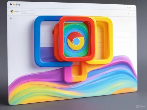 A colorful Google Chrome logo with nested, vibrant square frames on a white computer screen background.