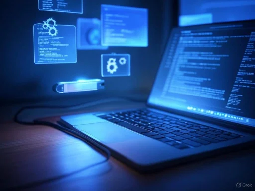 A laptop displays lines of code with floating digital windows containing gear icons and data, suggesting a cybersecurity or programming environment.