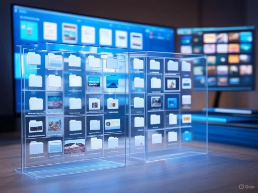 Transparent digital storage exhibit with folders and images, set against large screens displaying more digital content. Transparent digital storage exhibit with folders and images, set against large screens displaying more digital content.