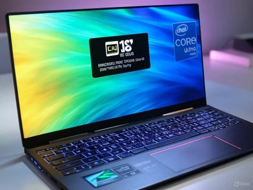 A sleek laptop with illuminated keyboard and colorful screen displaying performance and hardware stickers. A sleek laptop with illuminated keyboard and colorful screen displaying performance and hardware stickers.