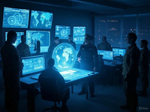 Military personnel analyze global security data on digital screens in a high-tech command center.