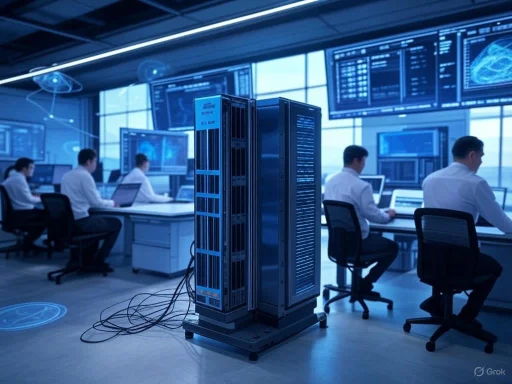 Team of cybersecurity professionals working in a high-tech control room with large monitors displaying data and network activity.