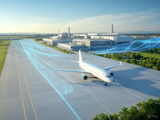 A commercial airplane on a runway, with digital overlays of wind patterns and airflow analysis.