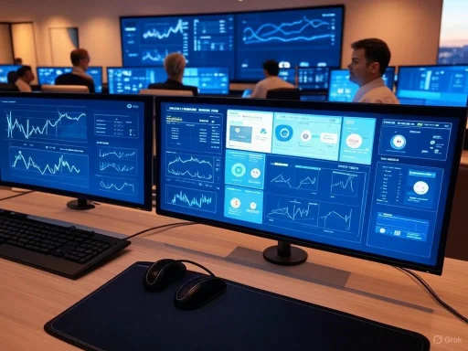 A trading or data analysis room with multiple monitors displaying financial graphs and analytics. A trading or data analysis room with multiple monitors displaying financial graphs and analytics.