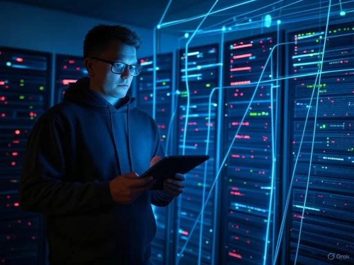 A young man in a hoodie uses a tablet in a digital data center with illuminated servers and holographic data charts.