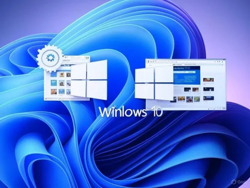 The image shows a Windows 10 desktop background with multiple open windows and a gear icon, emphasizing the Windows 10 operating system.