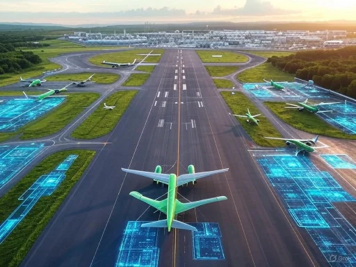 Futuristic airport runway with green airplanes and holographic digital displays at sunrise. Futuristic airport runway with green airplanes and holographic digital displays at sunrise.