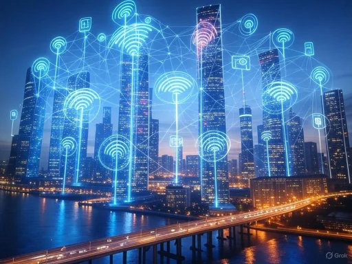 City skyline at night over water with digital neon network icons representing connectivity and smart city technology.