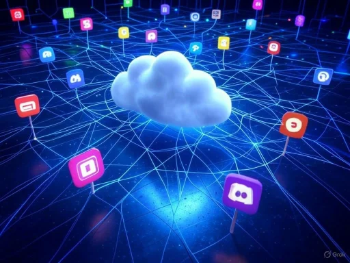 A digital illustration of a cloud with connected app icons, symbolizing cloud-based data sharing and app integration.