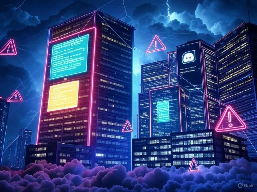 Futuristic cityscape with neon-lit skyscrapers, digital warnings, and stormy lightning in the sky.