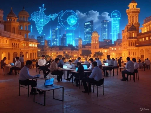People working on laptops in an open cityscape with digital futuristic graphics and skyscrapers at dusk.