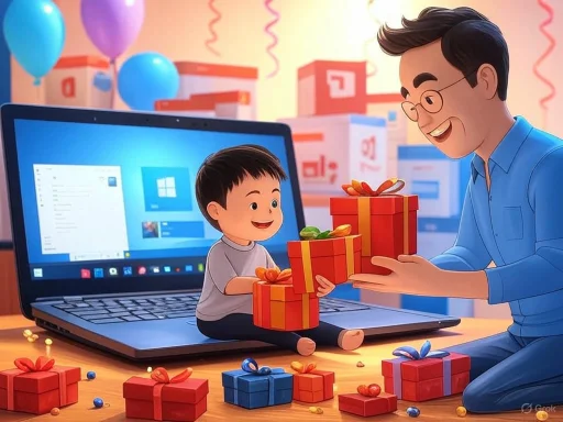 A father and son exchange gifts in front of a laptop with boxes and balloons in the background.