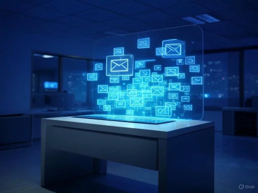 A holographic display of email icons floats above a desk in a modern office.