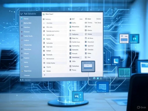 A futuristic digital interface displays an organized menu and interconnected icons in a high-tech environment.