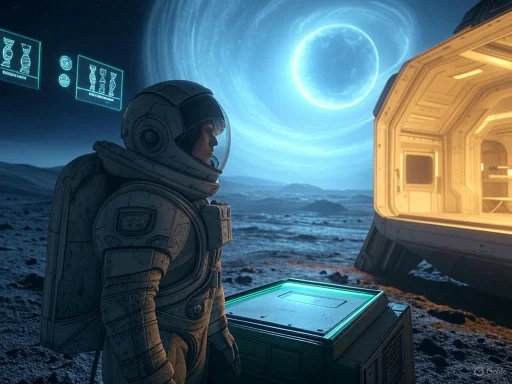 An astronaut on an alien moon gazes at a glowing celestial body in the sky with futuristic technology nearby.