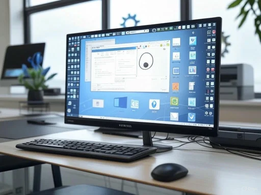 A desk with a computer monitor, keyboard, and mouse in an office environment, with a plant and window in the background. A desk with a computer monitor, keyboard, and mouse in an office environment, with a plant and window in the background.
