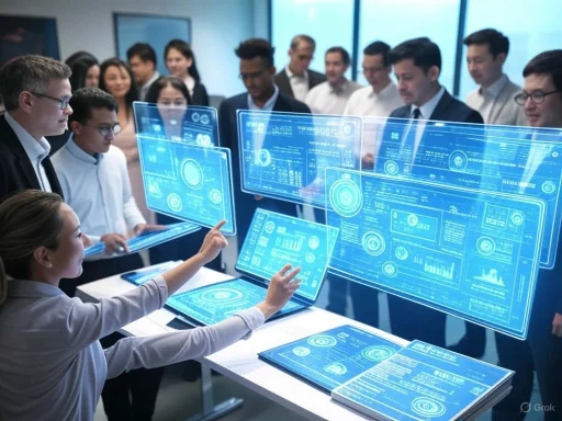 A diverse group of professionals discusses and interacts with advanced digital holographic data displays in a modern office. A diverse group of professionals discusses and interacts with advanced digital holographic data displays in a modern office.