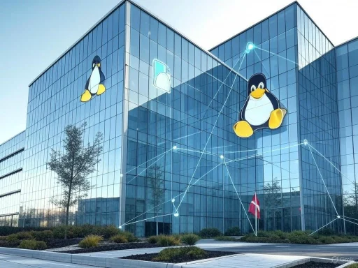 The modern glass building features large penguin logos and digital network graphics on its exterior. The modern glass building features large penguin logos and digital network graphics on its exterior.