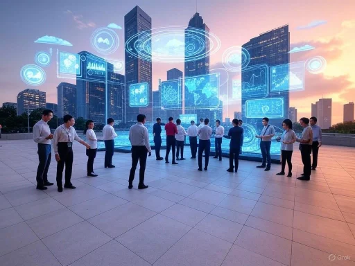 Businesspeople gather in front of a large digital cityscape display during sunset.