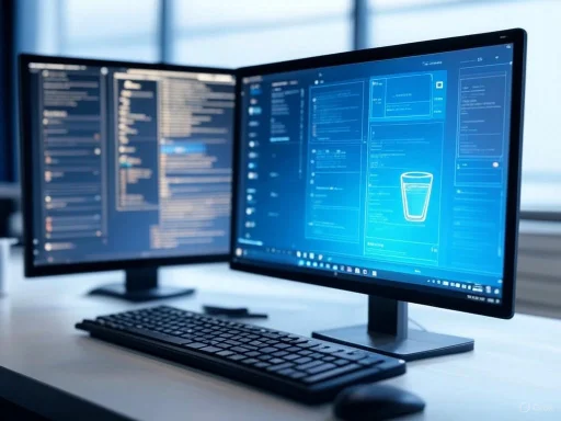 Two dual monitors display coding and design sketches on a modern desk in an office setting.