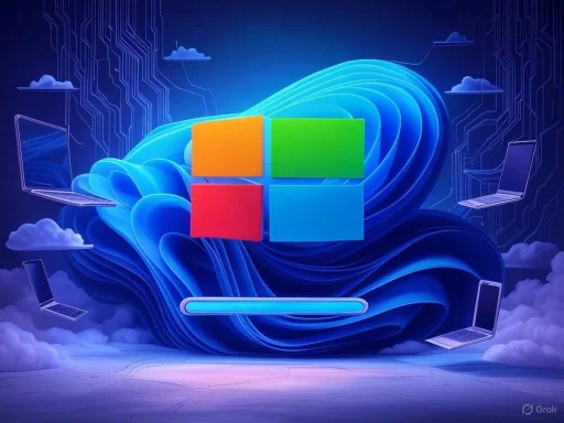 The image depicts cloud computing concept with laptops and digital cloud graphics surrounding a Windows logo.