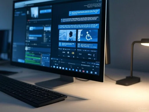 A computer monitor displays a news website with articles and images, accompanied by a keyboard and desk lamp. A computer monitor displays a news website with articles and images, accompanied by a keyboard and desk lamp.